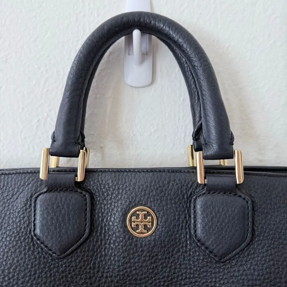 Tory Burch Fleming Two Way Pebbled Black Leather Shoulder Bag Purse Gold Hardwar
